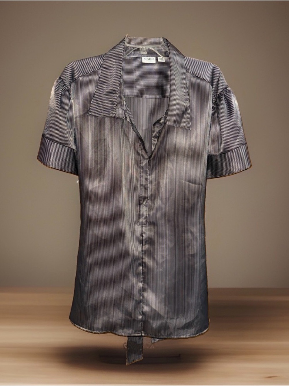 Cato Women's Black & Gray Pinstripe Short-Sl Button-Down Shirt w/Tie Back-26/28W